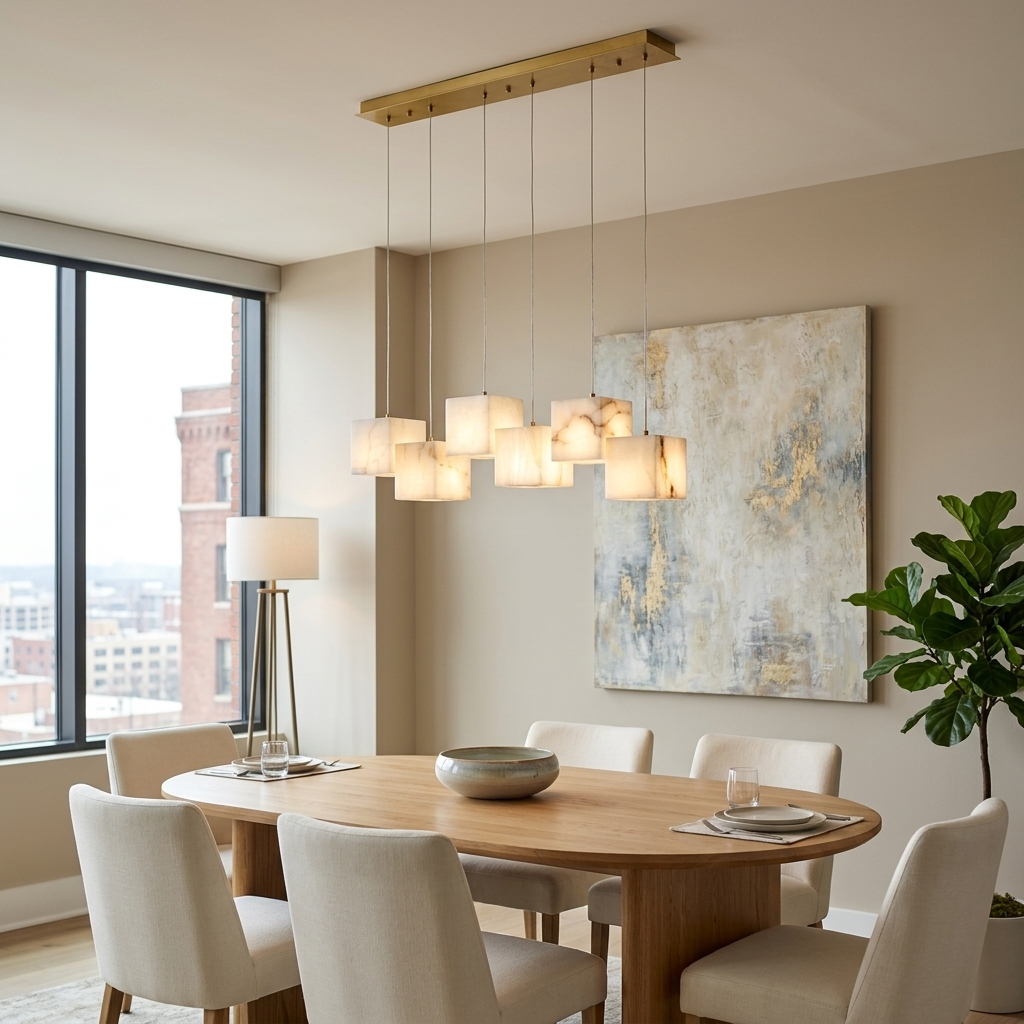 Ariane 6-light linear alabaster cube chandelier in gold over a Kansas City apartment dining table