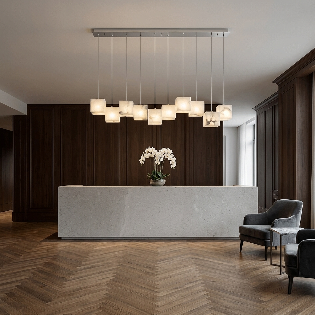 Ariane 10-light linear alabaster cube chandelier in silver over a St. Louis hotel reception desk