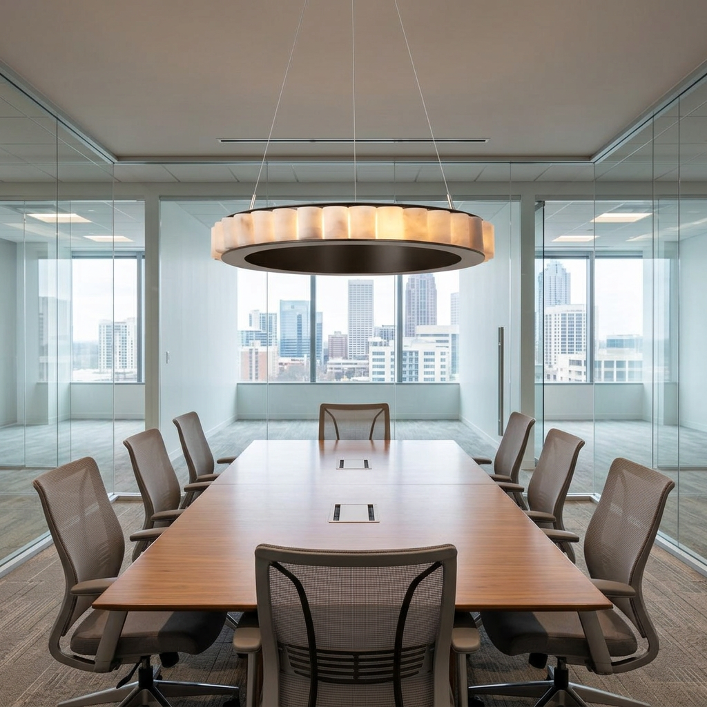 Almira alabaster halo ring chandelier, single ring black, in a modern office conference room in Atlanta, Georgia