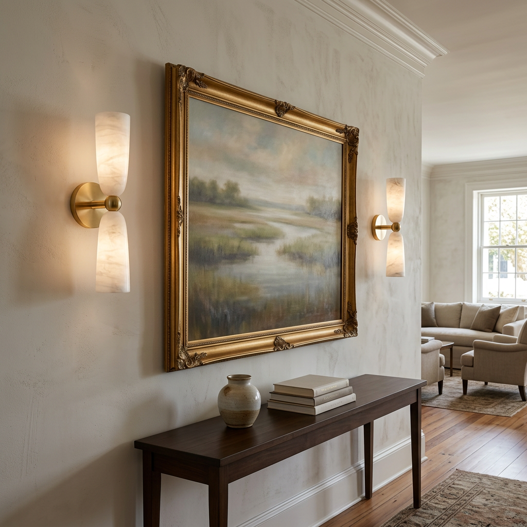 Alvane double bell alabaster wall sconce in gold &amp; white in a boutique hotel lobby in Charleston, South Carolina