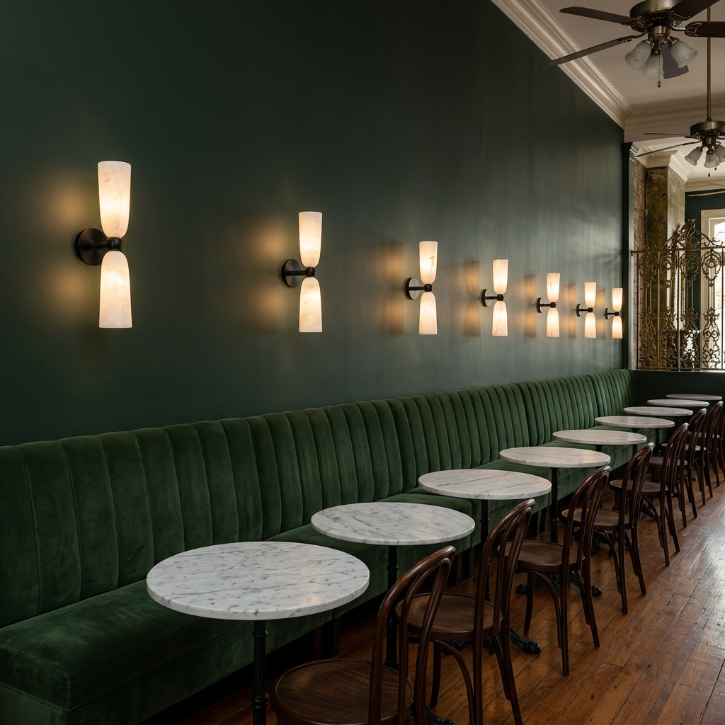 Alvane double bell alabaster wall sconce in black &amp; white in a restaurant in New Orleans, Louisiana