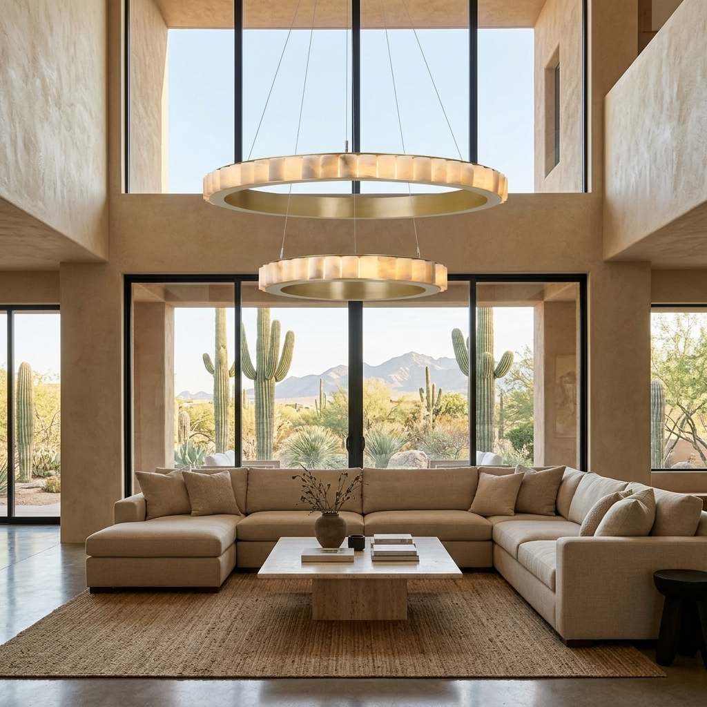 Almira alabaster halo ring chandelier, two rings brass, in a double-height living room of a suburban house in Phoenix, Arizona