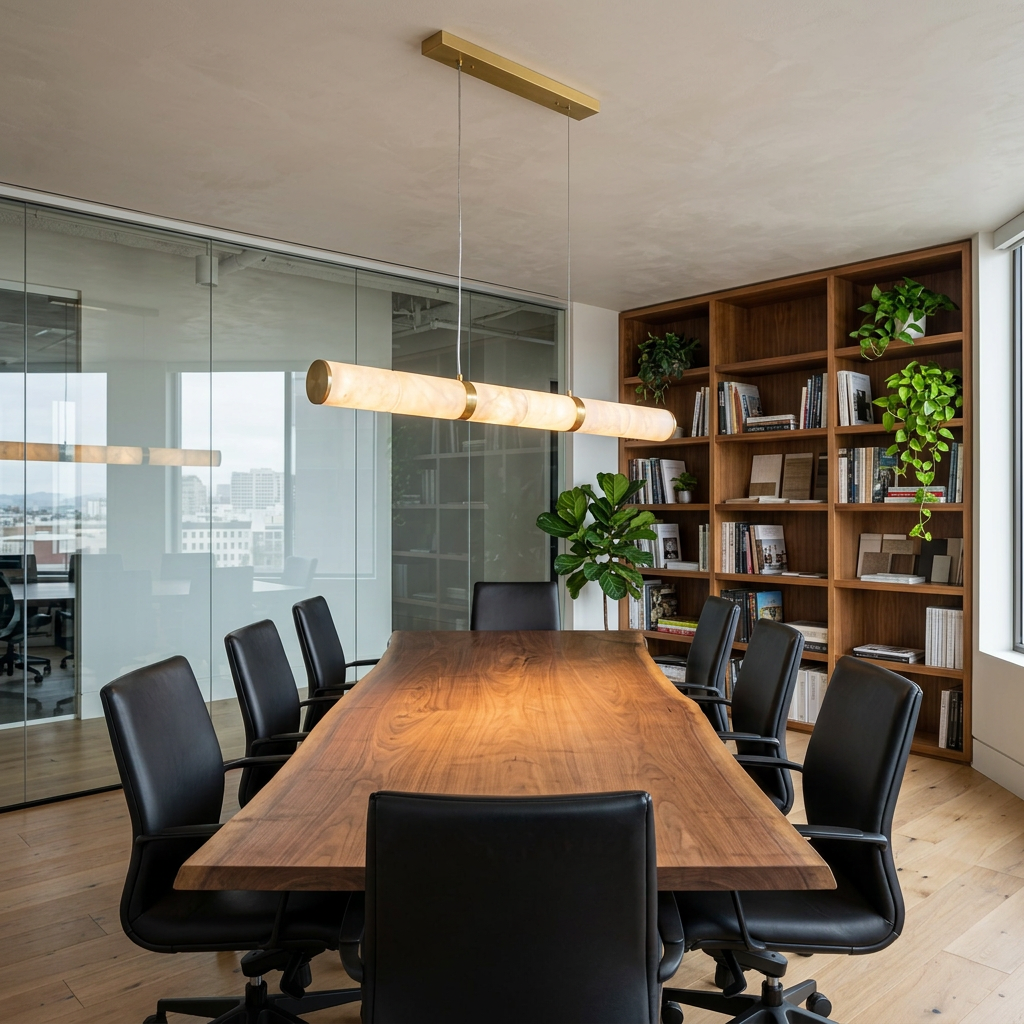 Anaelle linear alabaster tube LED pendant over an office conference table