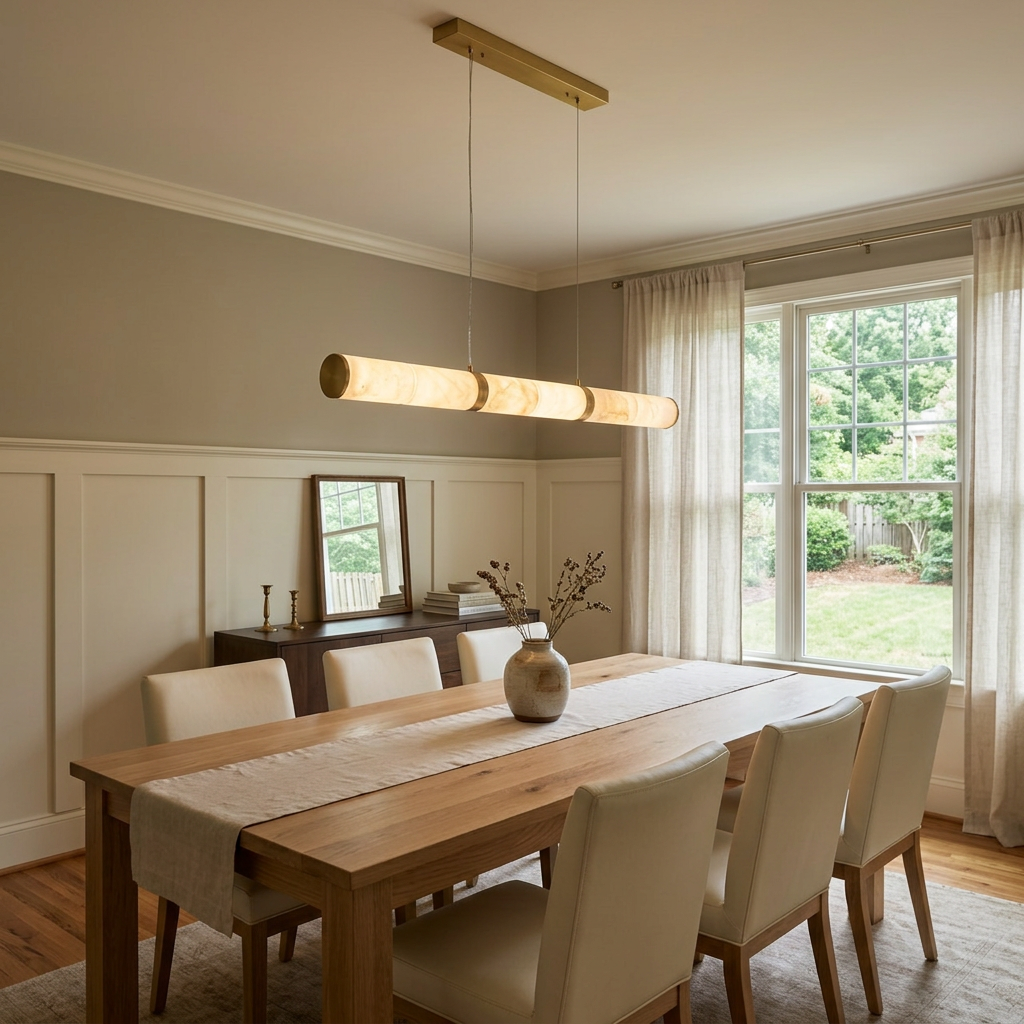 Anaelle linear alabaster tube LED pendant over a dining table in a suburban home