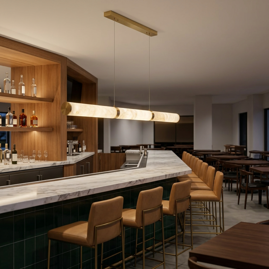 Anaelle linear alabaster tube LED pendant over a restaurant bar counter