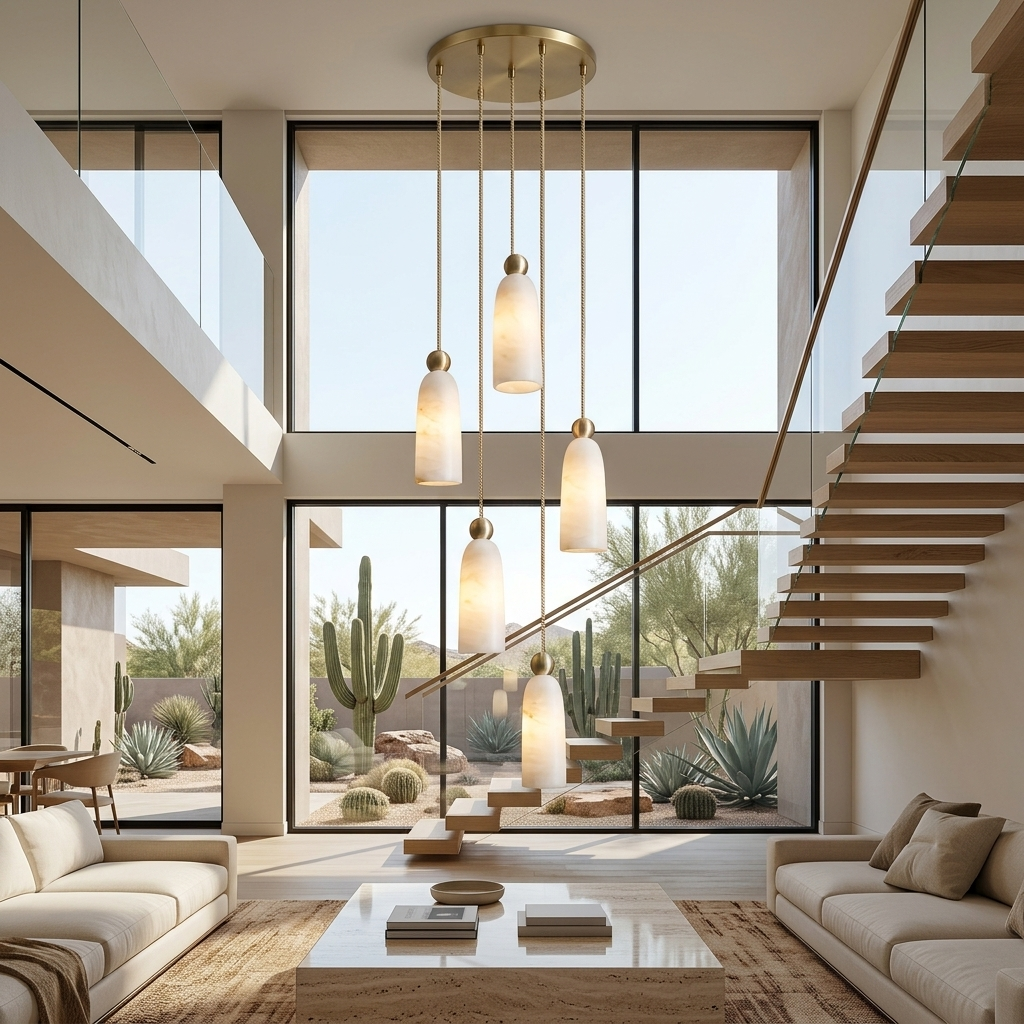 Ansette 5-light alabaster bell cascade pendant in a two-storey great room