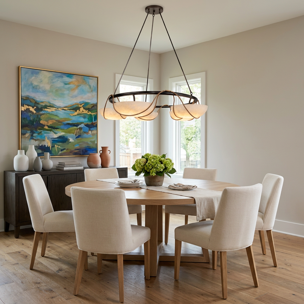 Antheia four bowl alabaster ring chandelier over a round dining table in a suburban home