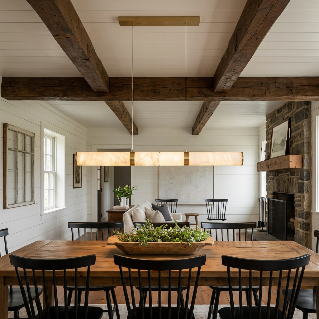 Anaelle linear alabaster tube LED pendant over a farmhouse dining table