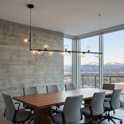 Ailis linear glass globe chandelier, 13 Lights Black: office conference room, Denver