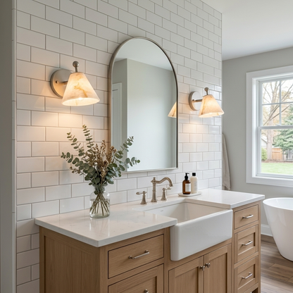 Alcyone alabaster cone wall sconce, Nickel &amp; White: farmhouse bathroom, Minneapolis