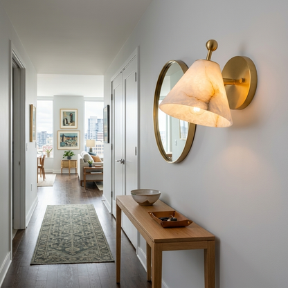 Alcyone alabaster cone wall sconce, Brass &amp; White: apartment hallway, Seattle