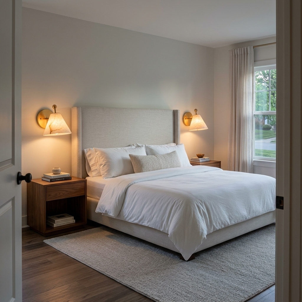Alcyone alabaster cone wall sconce, Brass &amp; White: bedroom, suburban house, Raleigh NC