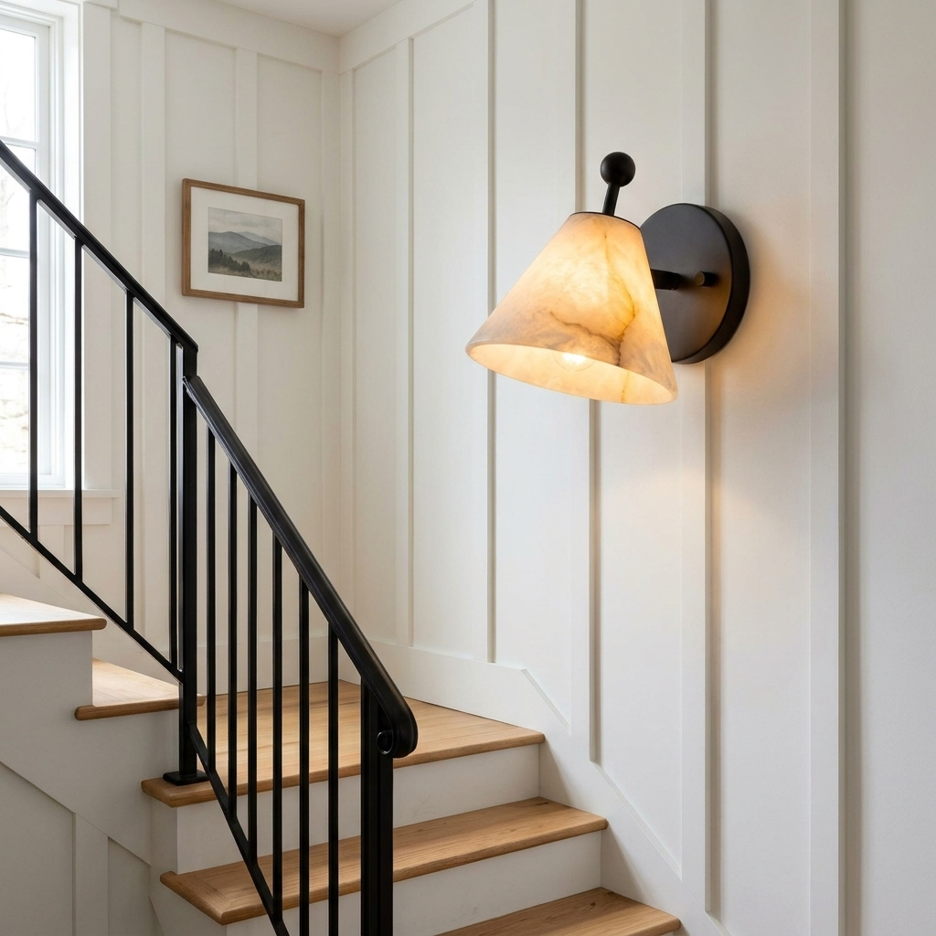 Alcyone alabaster cone wall sconce, Black &amp; White: farmhouse staircase, Burlington VT