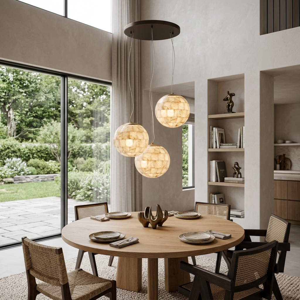 Aldora alabaster globe pendant, 3 Lights: double-height farmhouse dining room, Asheville NC