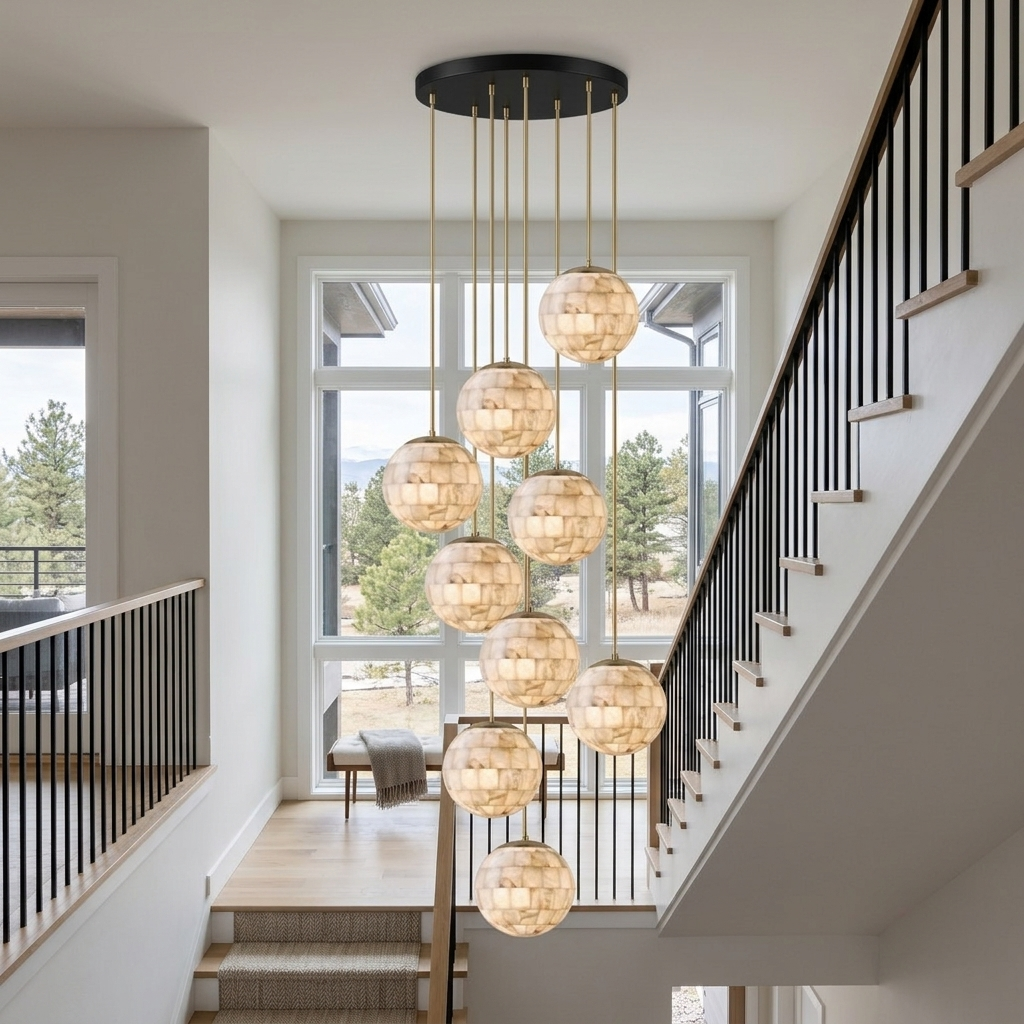 Aldora alabaster globe pendant, 9 Lights: two-storey stairwell, Denver CO