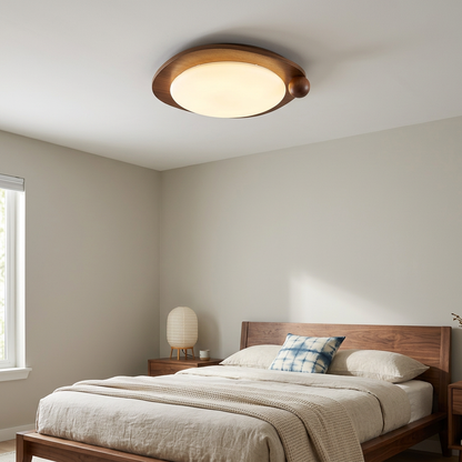 Zenaide Walnut Grain Low Profile LED Ceiling Light Model B in a guest bedroom