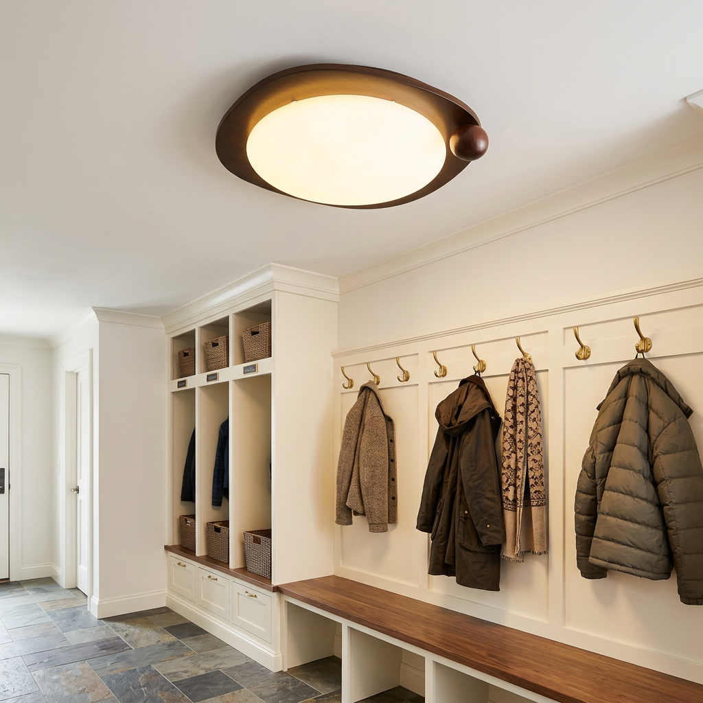 Zenaide Walnut Grain Low Profile LED Ceiling Light Model B in a mudroom hallway