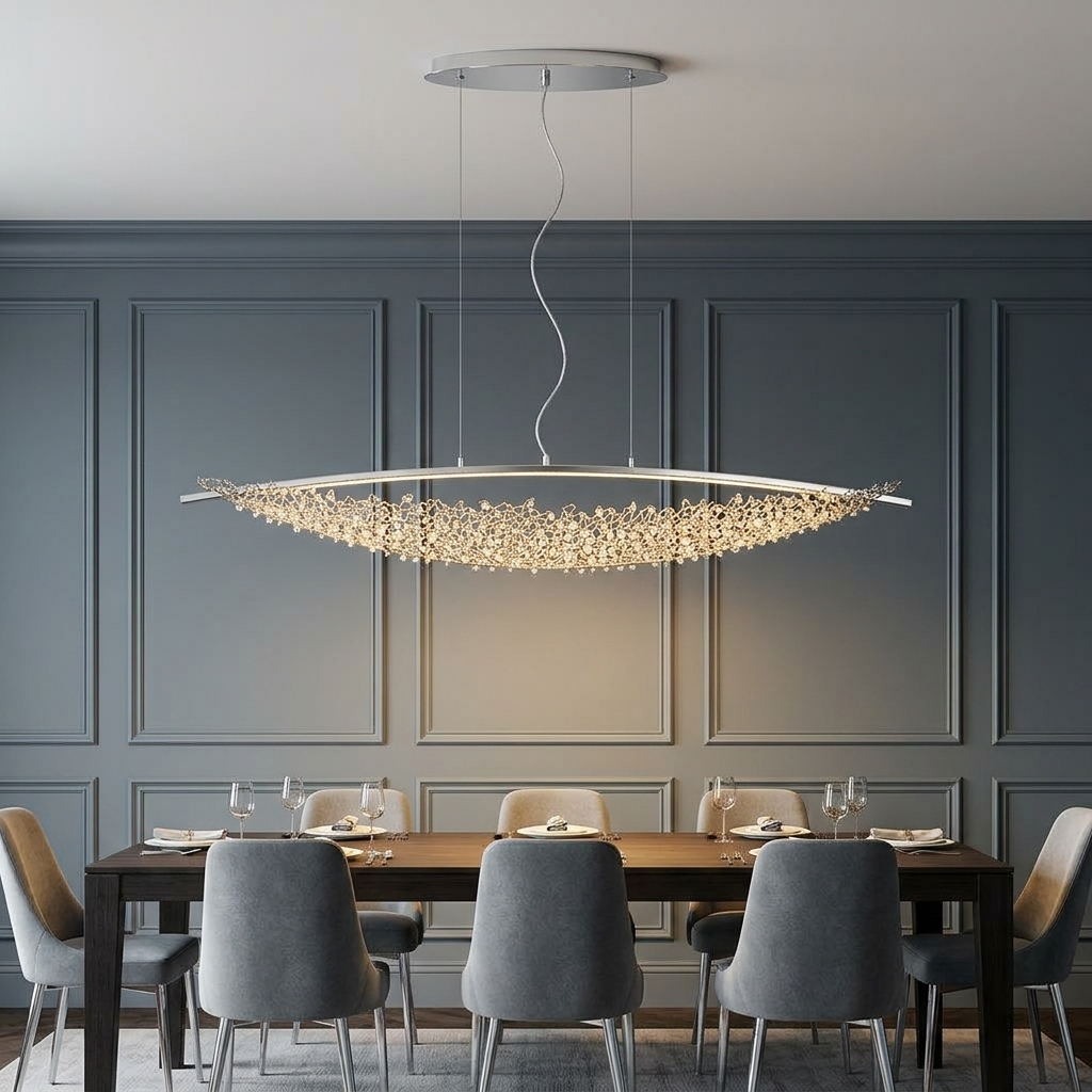 Zelie Chrome Crystal Net Linear LED Pendant Light Warm Light over a dining table