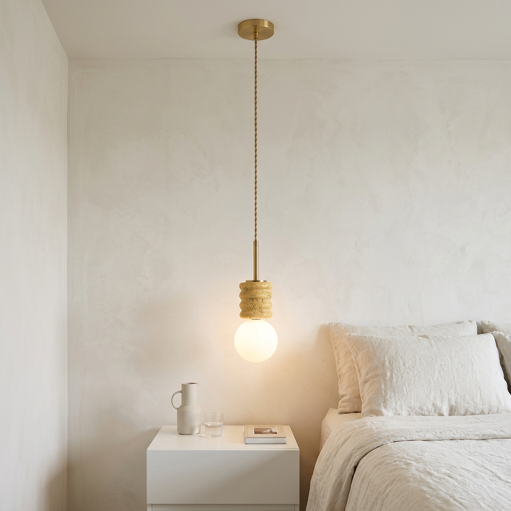 Violaine Yellow Travertine Ribbed Pendant Light 1 Light beside a bed
