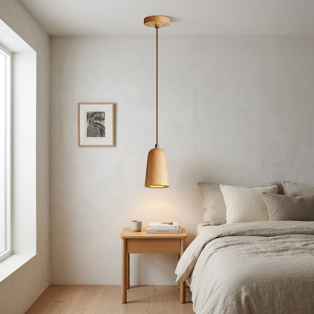 Valentine Solid Wood Taper Mini Pendant Light Wood Color beside a bed