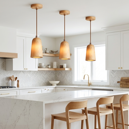 Valentine Solid Wood Taper Mini Pendant Light Wood Color over a kitchen island