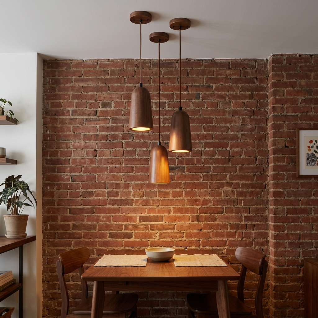 Valentine Solid Wood Taper Mini Pendant Light Walnut Color over a dining nook table