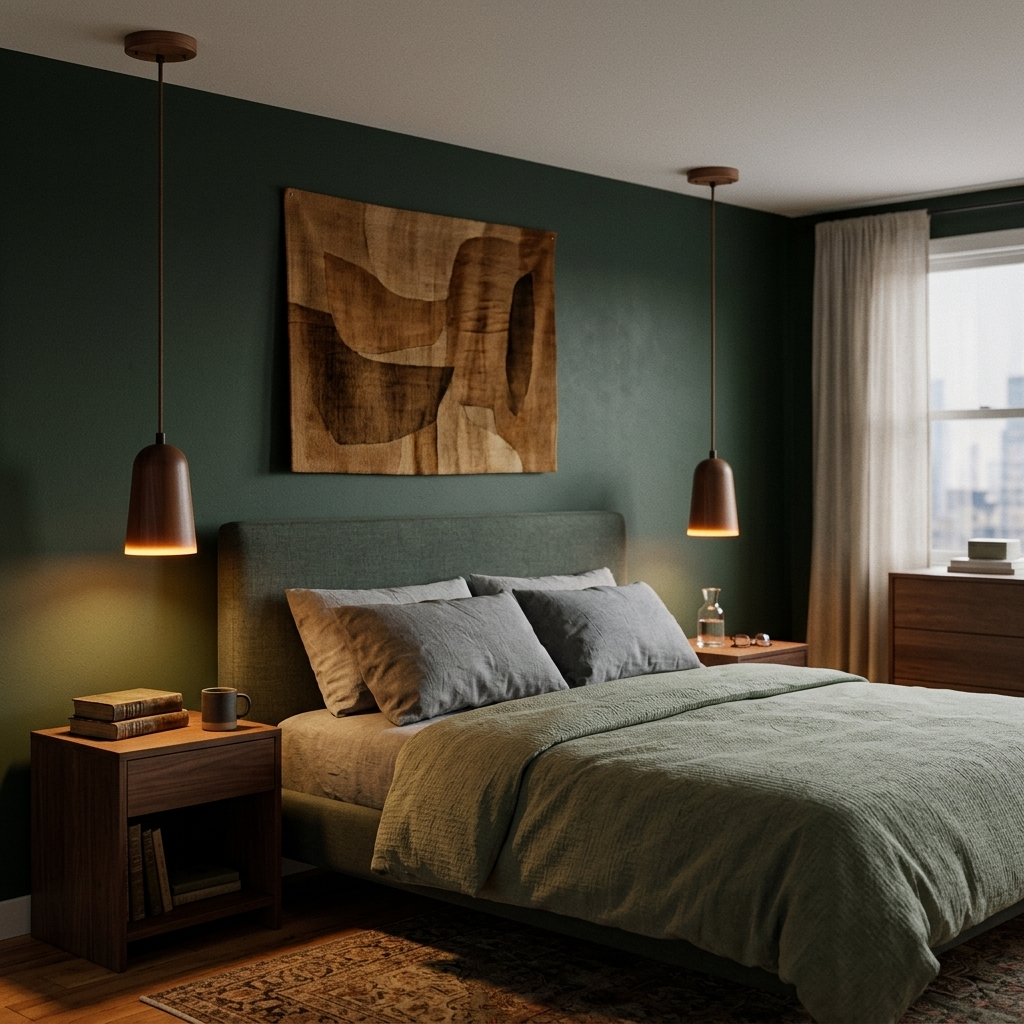 Valentine Solid Wood Taper Mini Pendant Light Walnut Color beside a bed