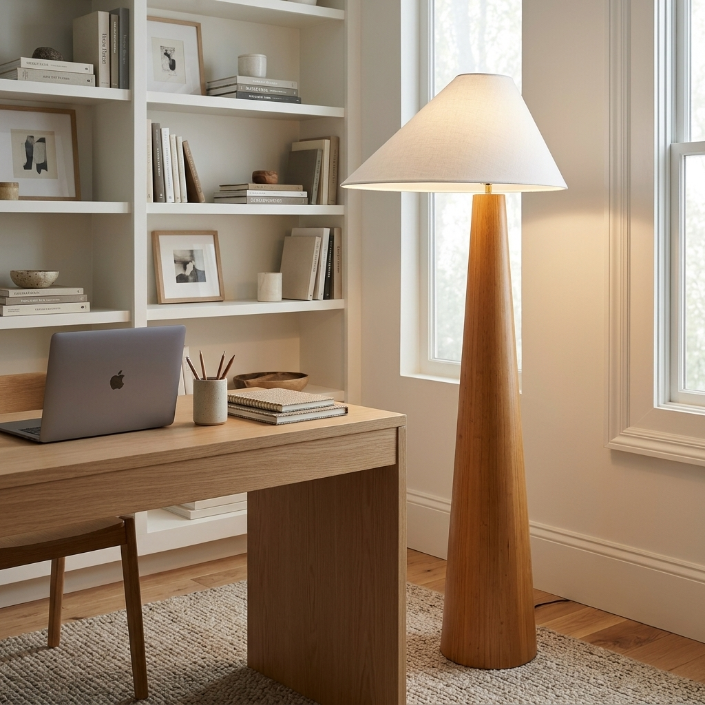 Ursule Organic Wood Floor Lamp with Linen Shade in a home office