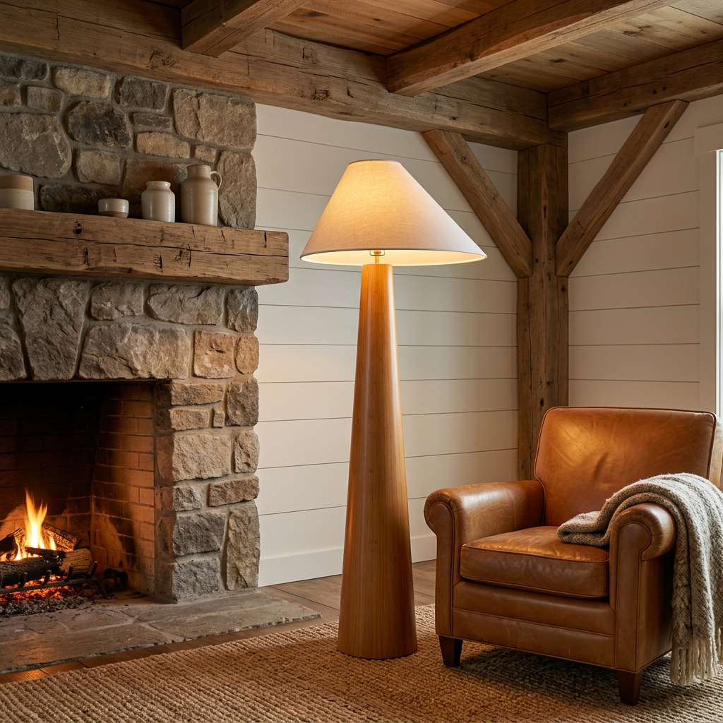 Ursule Organic Wood Floor Lamp with Linen Shade in a farmhouse family room