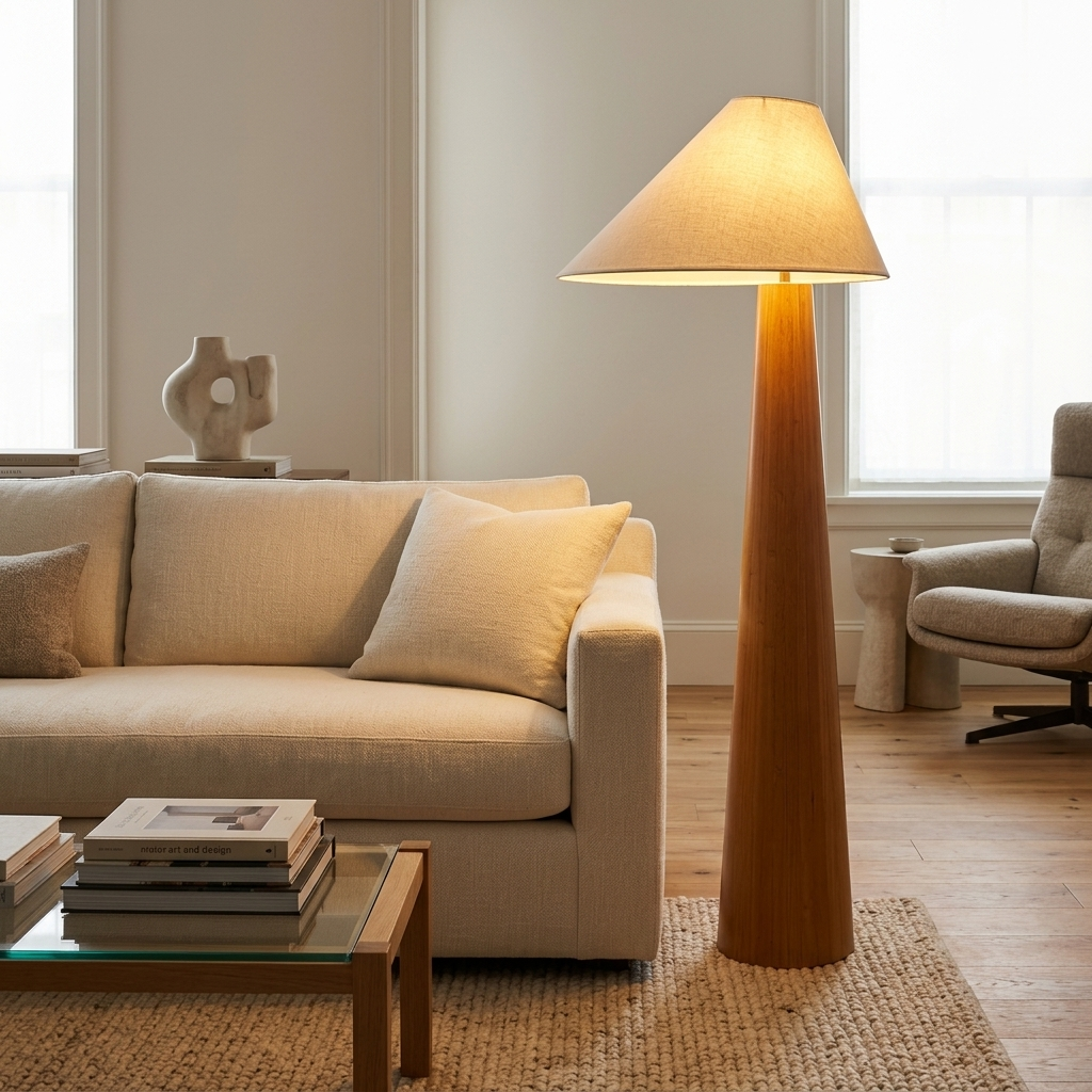 Ursule Organic Wood Floor Lamp with Linen Shade beside a living room sofa