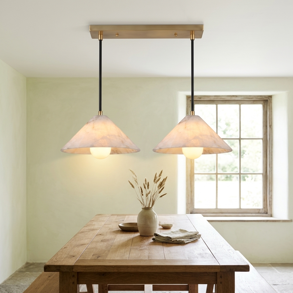 Zephyrine Alabaster Cone Brass Pendant Light Linear 23.6″ in a farmhouse dining room