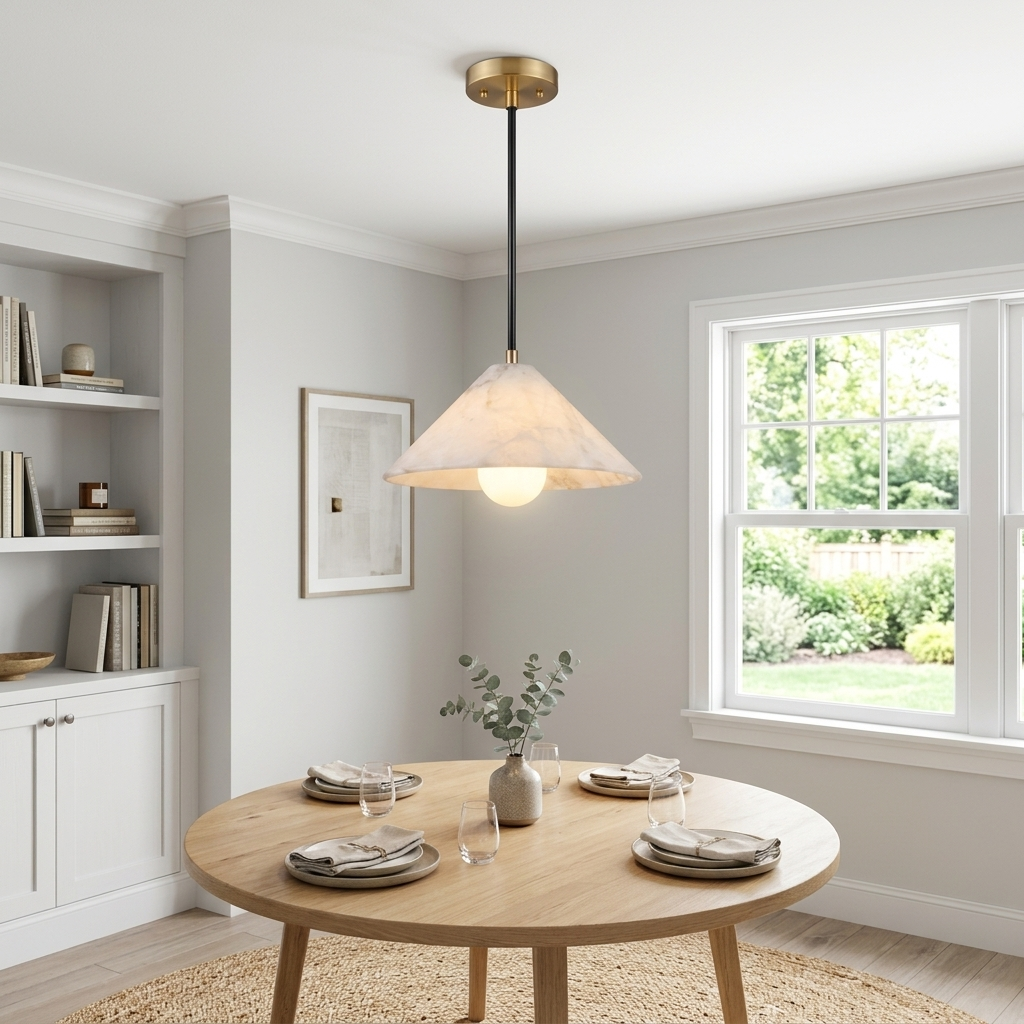 Zephyrine Alabaster Cone Brass Pendant Light Single over a dining table