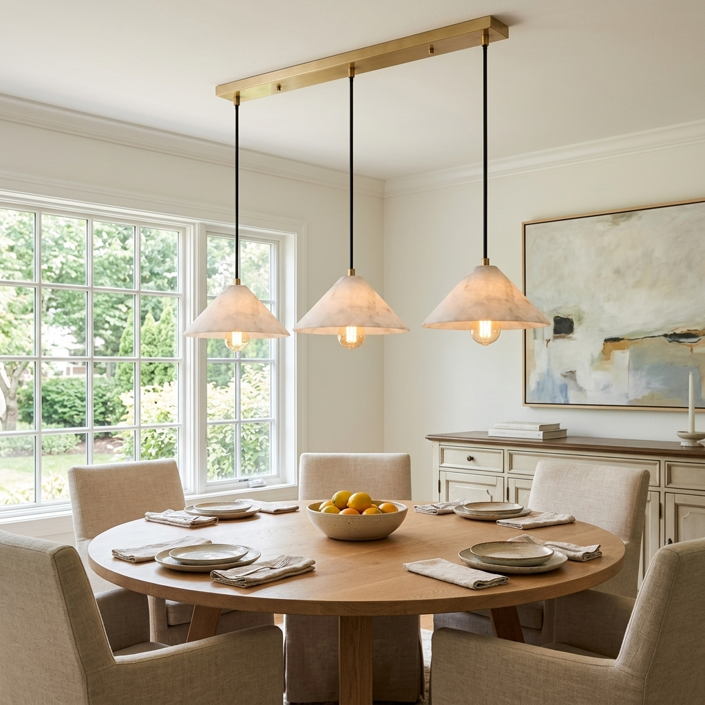 Zephyrine Alabaster Cone Brass Pendant Light Linear 31.5″ over a dining table