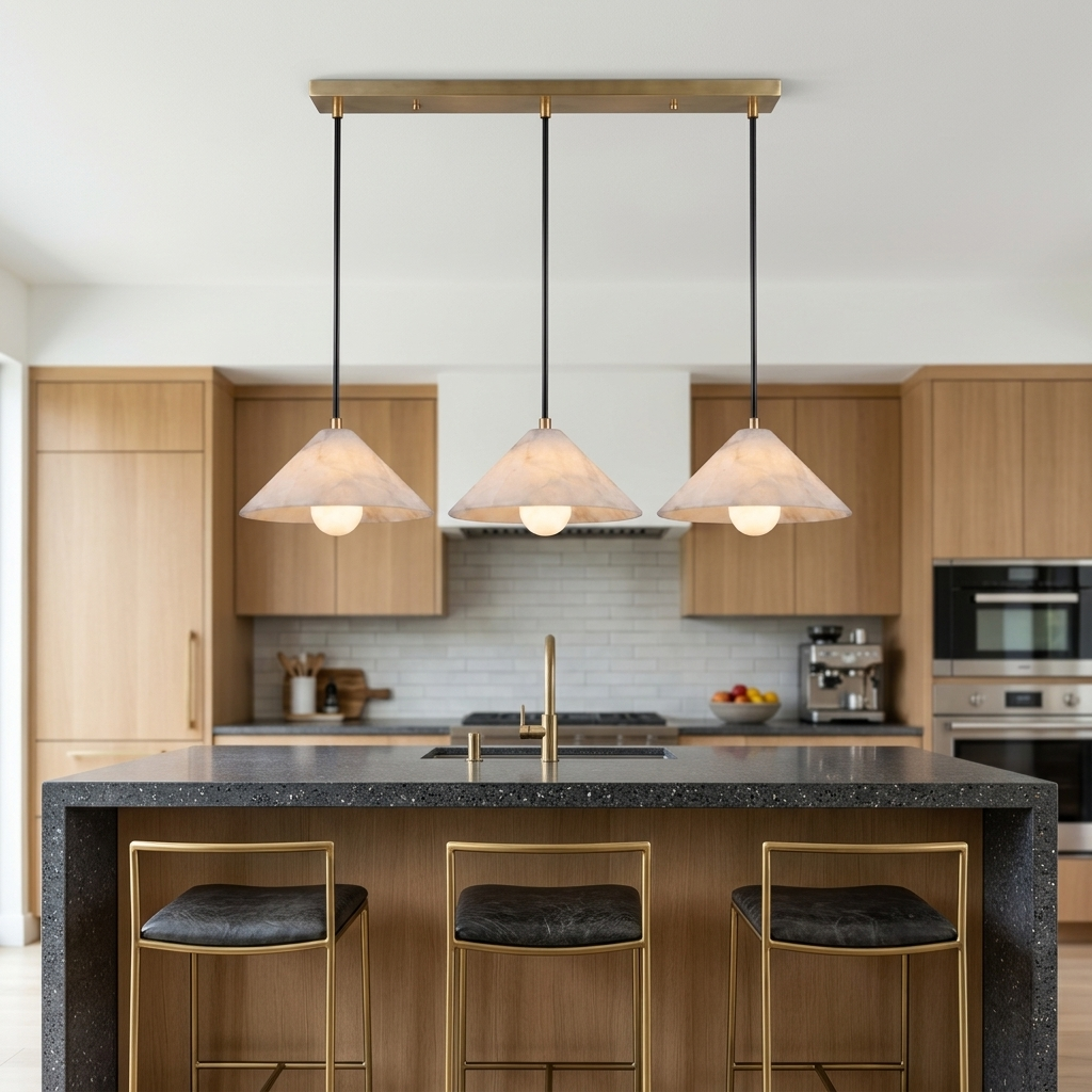 Zephyrine Alabaster Cone Brass Pendant Light Linear 31.5″ over a kitchen island