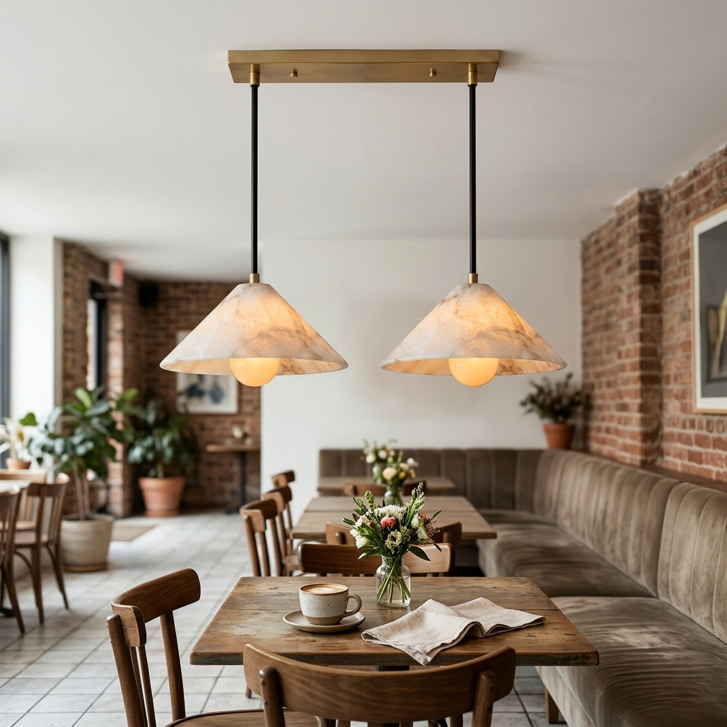 Zephyrine Alabaster Cone Brass Pendant Light Linear 23.6″ in a cafe