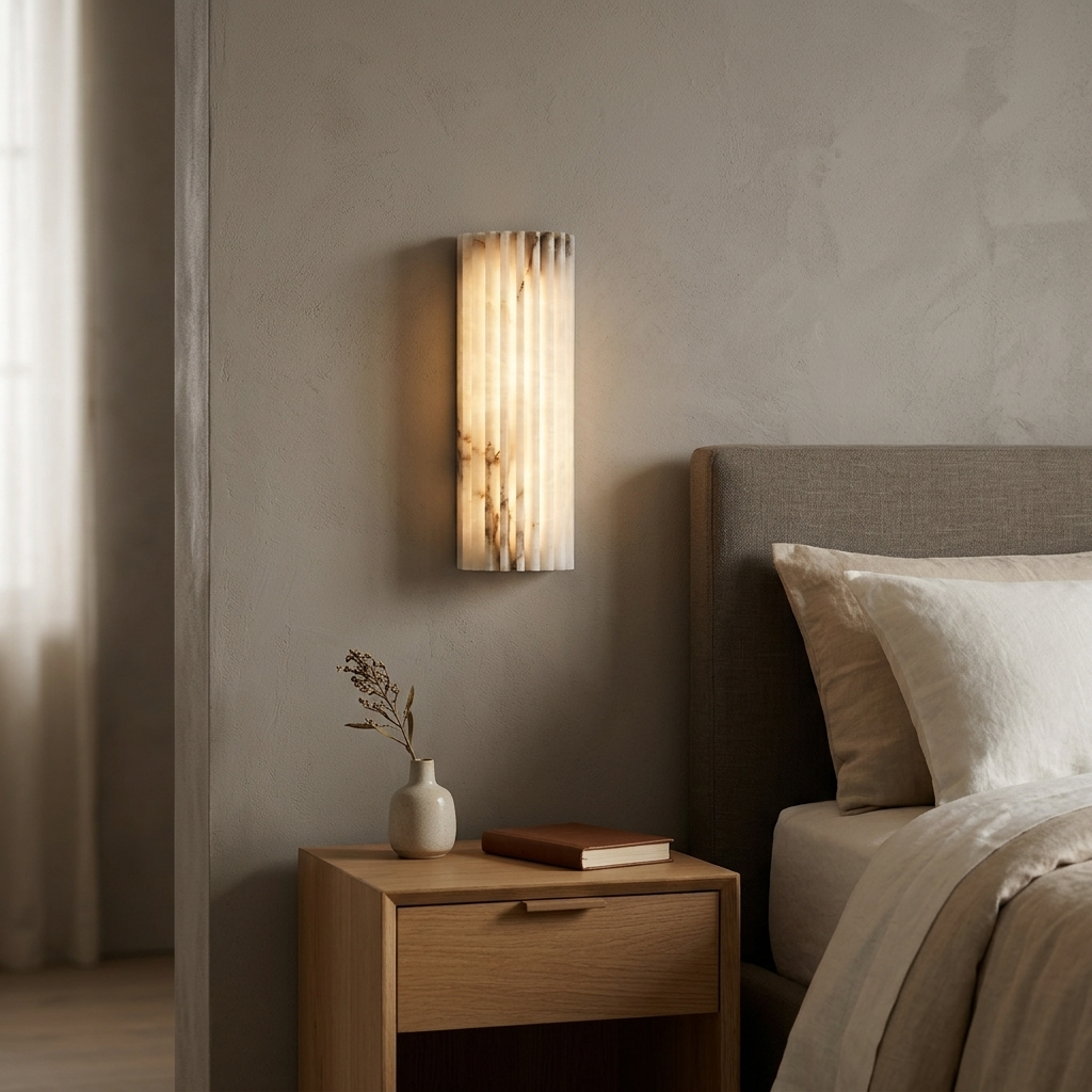 Vianney Ribbed Alabaster LED Wall Sconce beside a bed