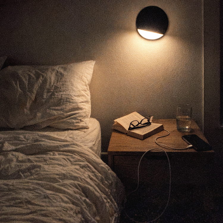 Customer photo: Nord bedside wall sconce dimmed low at night