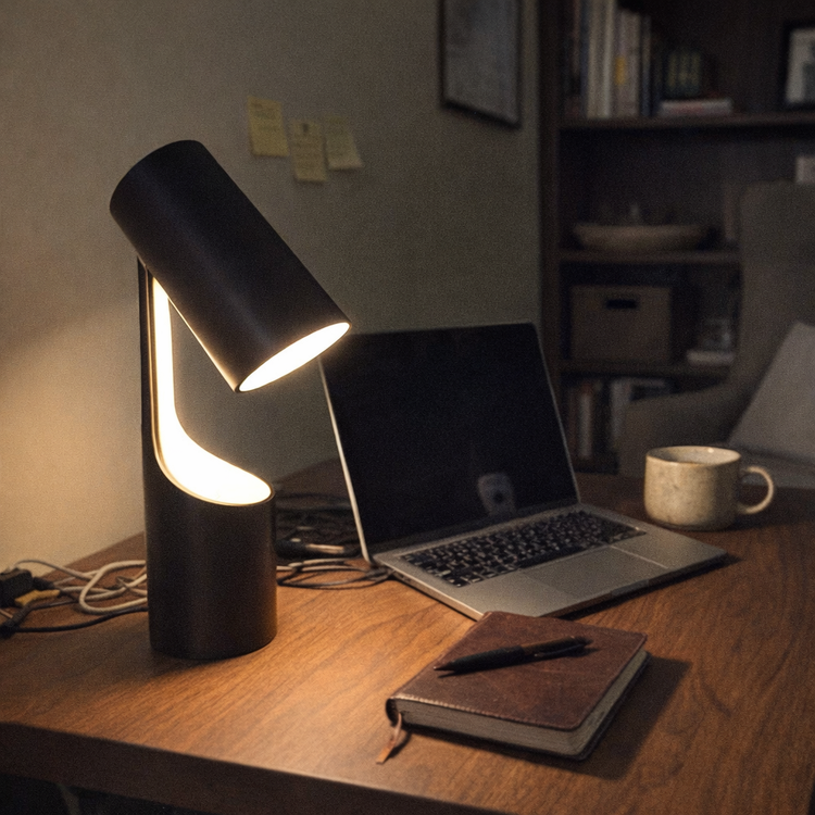 Customer photo: Cilindro desk lamp lit on a home office desk
